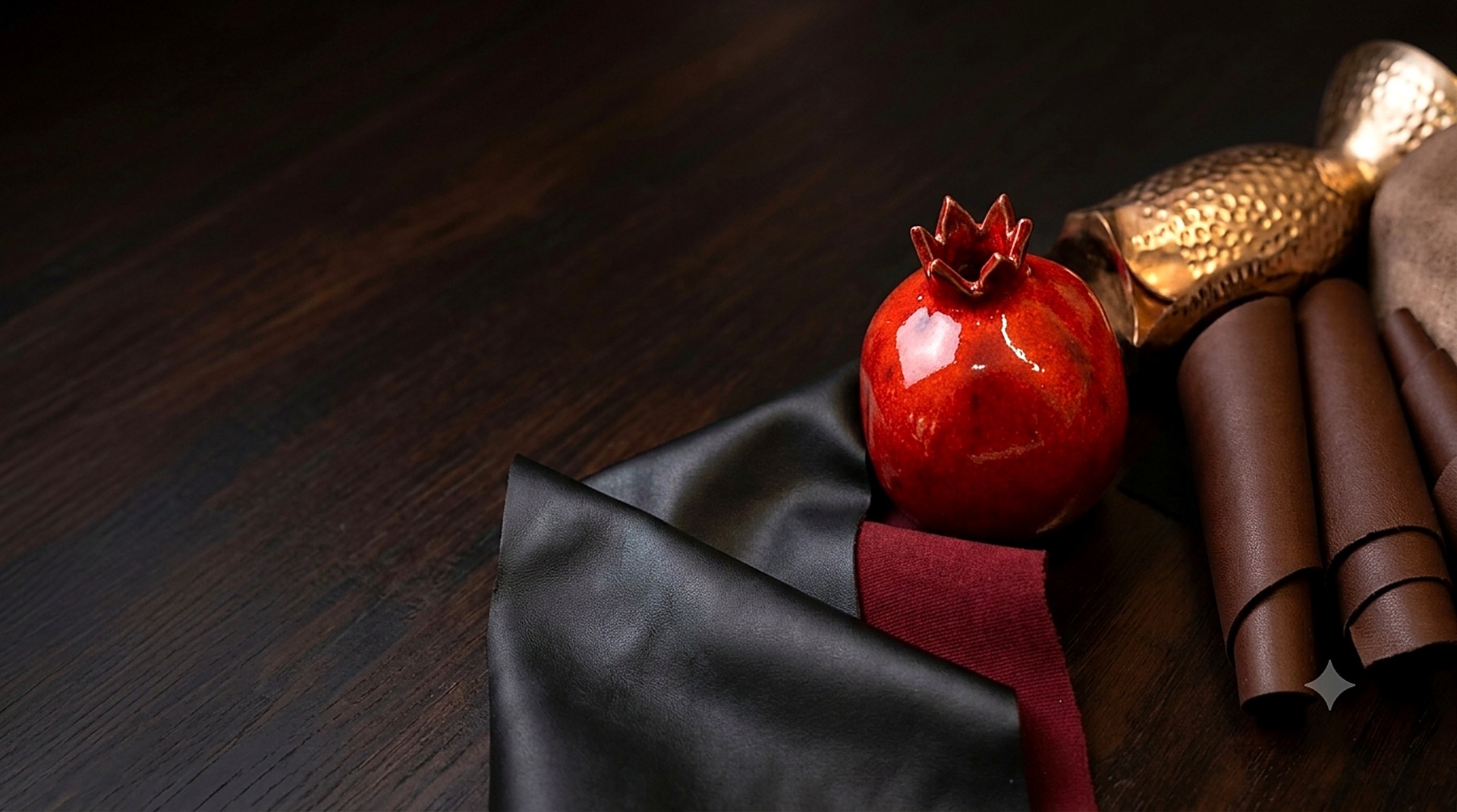 Pomegranate and rolled leather, the raw material of Pomelle